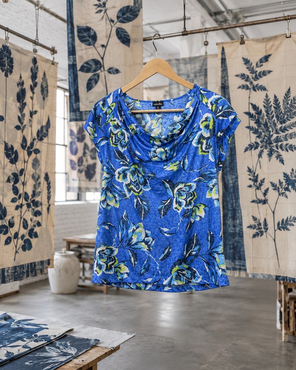 Rafaella Blue Floral Cowl Neck Top Women's XL Short Sleeve